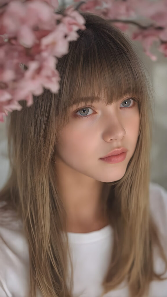 ((portrait)) of (((cute))) (((elegant))) ((attractive)) (((long, straight hazelnut hair))) ((stunning)) a beautifully realistic, cinematic lights, exotic teen girl, bangs cut, realistic detailed angelic round face, ((realistic detailed hazelnut eye)) looks sadly at the camera, portrait shot, perfect curved body, (wears a super short tight (white t-shirt) made on thin silk), perfect anatomy, side perspective, cherry blossom