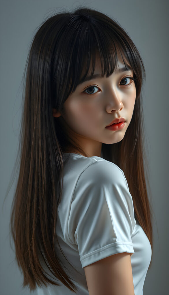 ((portrait)) of (((cute))) (((elegant))) ((attractive)) (((long, straight hair))) ((stunning)) a beautifully realistic, cinematic lights, Asian teen girl, bangs cut, realistic detailed angelic round face, ((realistic detailed eye)) looks sadly at the camera, portrait shot, perfect curved body, (wears a super short tight (white t-shirt) made on thin silk), perfect anatomy, white background, side perspective, ((no background))
