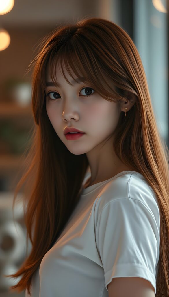 ((portrait)) of (((cute))) (((elegant))) ((attractive)) (((long, straight hair soft red hair with blond highlights))) ((stunning)) a beautifully realistic, cinematic lights, Asian teen girl, realistic detailed angelic round face, ((realistic detailed eye)) looks sadly at the camera, perfect curved body, (wears a super short tight (white t-shirt) made on thin silk), perfect anatomy, side perspective