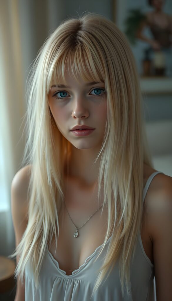 ((portrait)) of (((cute))) (((elegant))) ((attractive)) (((straight blond hair, same length left and right, falls down))) ((stunning)) a beautifully realistic, cinematic lights, ((teen girl)), 18 years old, getting ready for bed in a short, translucent low cut nightgown, bangs cut, realistic detailed angelic round face, looks tired at the camera