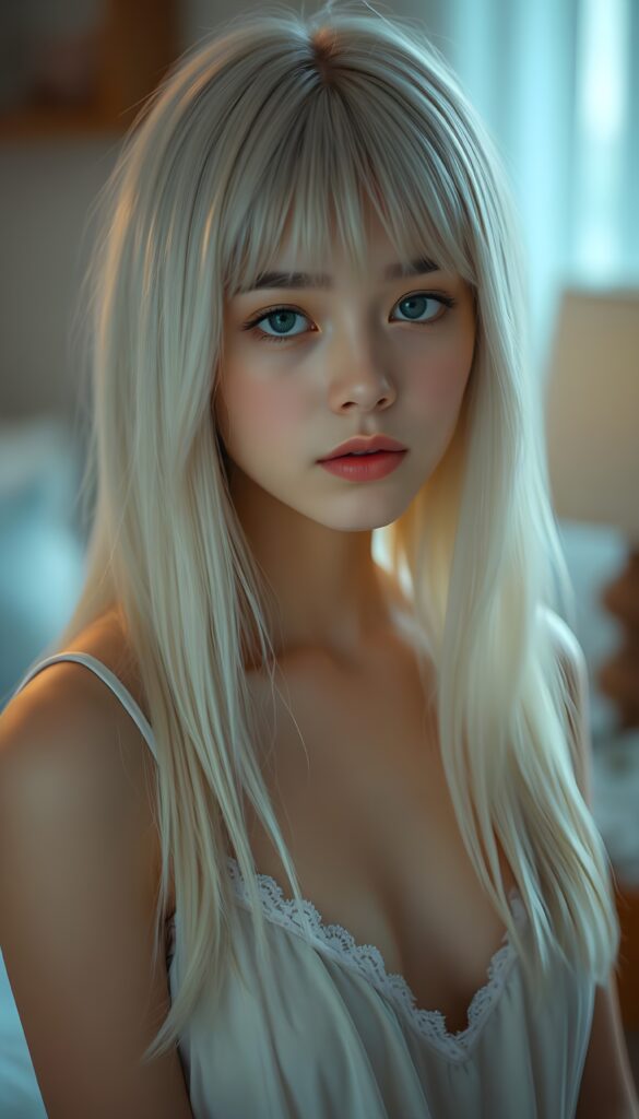 ((portrait)) of (((cute))) (((elegant))) ((attractive)) (((straight blond hair, same length left and right, falls down))) ((stunning)) a beautifully realistic, cinematic lights, ((teen girl)), 18 years old, getting ready for bed in a short, translucent low cut nightgown, bangs cut, realistic detailed angelic round face, looks tired at the camera
