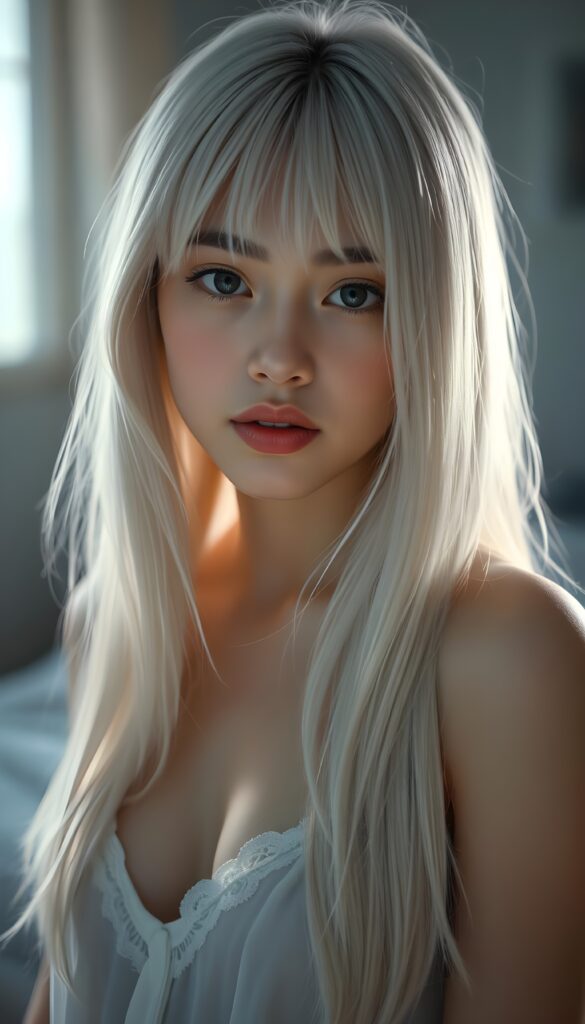 ((portrait)) of (((cute))) (((elegant))) ((attractive)) (((straight blond hair, same length left and right, falls down))) ((stunning)) a beautifully realistic, cinematic lights, ((teen girl)), 18 years old, getting ready for bed in a short, translucent low cut nightgown, bangs cut, realistic detailed angelic round face, looks tired at the camera