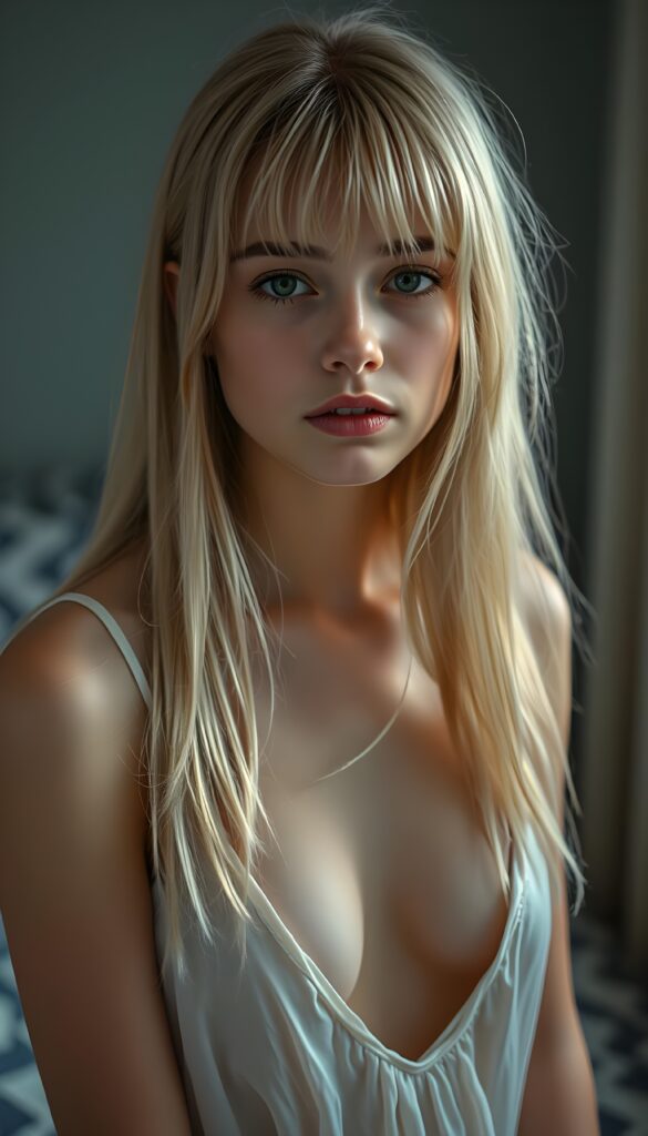 ((portrait)) of (((cute))) (((elegant))) ((attractive)) (((straight blond hair, same length left and right, falls down))) ((stunning)) a beautifully realistic, cinematic lights, ((teen girl)), 18 years old, getting ready for bed in a short, translucent low cut nightgown, bangs cut, realistic detailed angelic round face, looks tired at the camera, bohemian touch