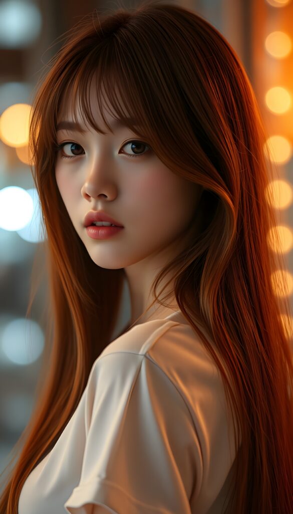 ((portrait)) of (((cute))) (((elegant))) ((attractive)) (((long, straight hair soft red hair with blond highlights))) ((stunning)) a beautifully realistic, cinematic lights, Asian teen girl, realistic detailed angelic round face, ((realistic detailed eye)) looks sadly at the camera, perfect curved body, (wears a super short tight (white t-shirt) made on thin silk), perfect anatomy, side perspective