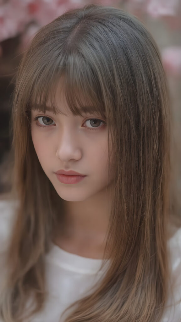 ((portrait)) of (((cute))) (((elegant))) ((attractive)) (((long, straight hazelnut hair))) ((stunning)) a beautifully realistic, cinematic lights, exotic teen girl, bangs cut, realistic detailed angelic round face, ((realistic detailed hazelnut eye)) looks sadly at the camera, portrait shot, perfect curved body, (wears a super short tight (white t-shirt) made on thin silk), perfect anatomy, side perspective, cherry blossom