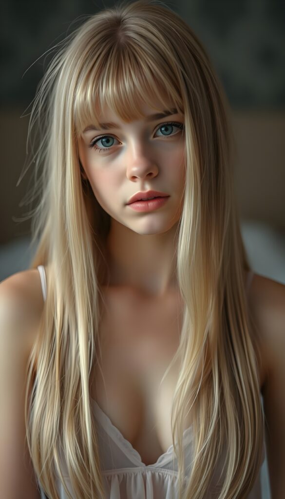 ((portrait)) of (((cute))) (((elegant))) ((attractive)) (((straight blond hair, same length left and right, falls down))) ((stunning)) a beautifully realistic, cinematic lights, ((teen girl)), 18 years old, getting ready for bed in a short, translucent low cut nightgown, bangs cut, realistic detailed angelic round face, looks tired at the camera