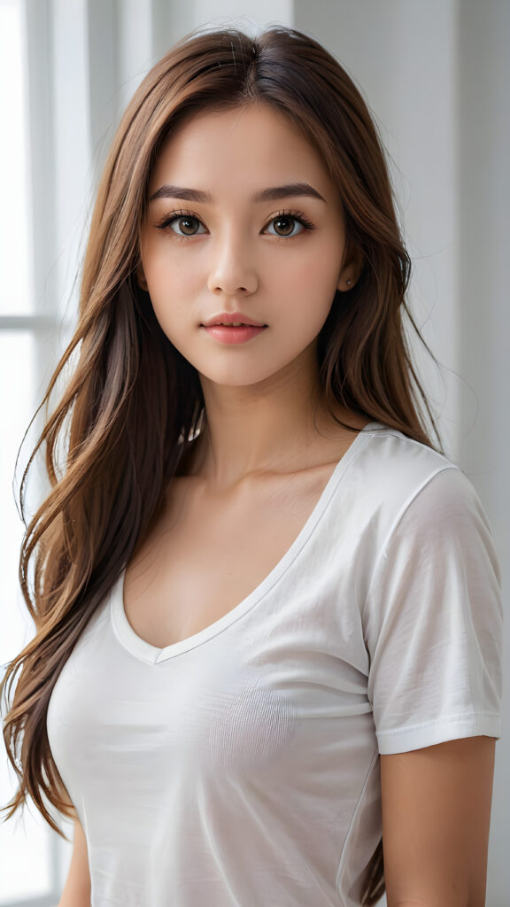 ((portrait)) of (((cute))) (((elegant))) ((attractive)) (((long, straight hair))) ((stunning)) a beautifully realistic, cinematic lights, Exotic teen girl, realistic detailed angelic round face, ((realistic detailed eye)) look at the camera, portrait shot, perfect curved body, (wears a super short tight (white t-shirt), perfect anatomy, white background, side perspective, ((no background))