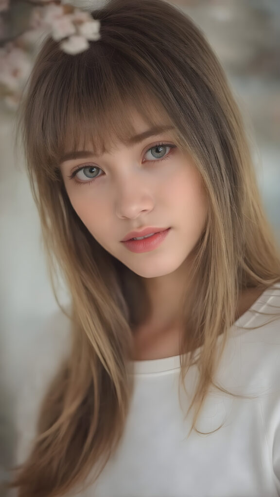 ((portrait)) of (((cute))) (((elegant))) ((attractive)) (((long, straight hazelnut hair))) ((stunning)) a beautifully realistic, cinematic lights, exotic teen girl, bangs cut, realistic detailed angelic round face, ((realistic detailed hazelnut eye)) looks sadly at the camera, portrait shot, perfect curved body, (wears a super short tight (white t-shirt) made on thin silk), perfect anatomy, side perspective, cherry blossom