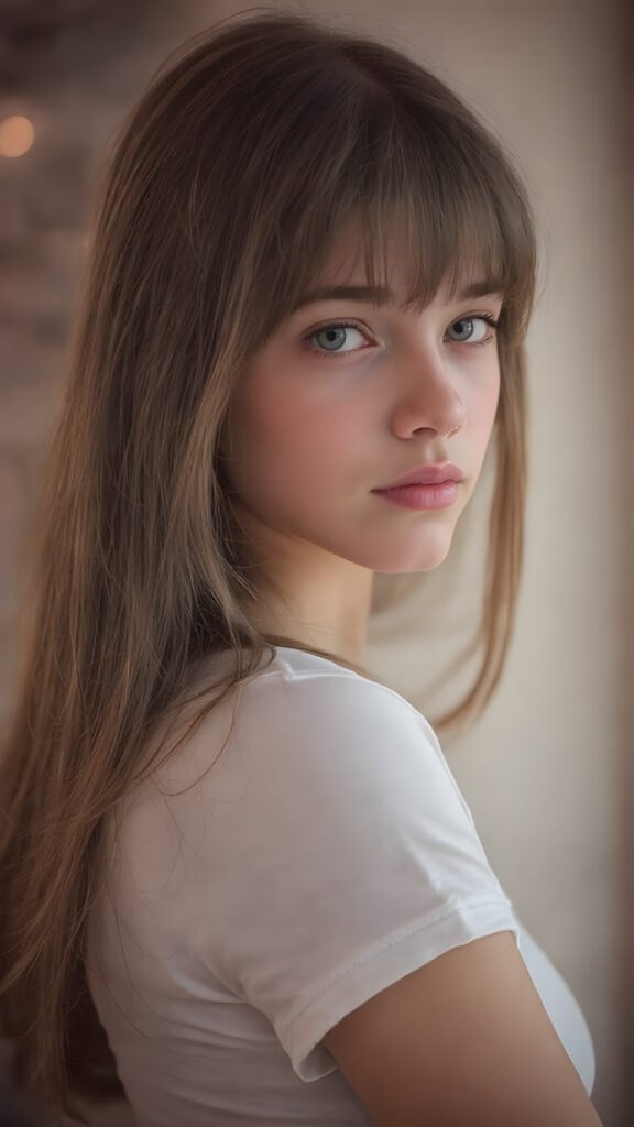 ((portrait)) of (((cute))) (((elegant))) ((attractive)) (((long, straight hazelnut hair))) ((stunning)) a beautifully realistic, cinematic lights, exotic teen girl, bangs cut, realistic detailed angelic round face, ((realistic detailed hazelnut eye)) looks sadly at the camera, portrait shot, perfect curved body, (wears a super short tight (white t-shirt) made on thin silk), perfect anatomy, side perspective, cherry blossom
