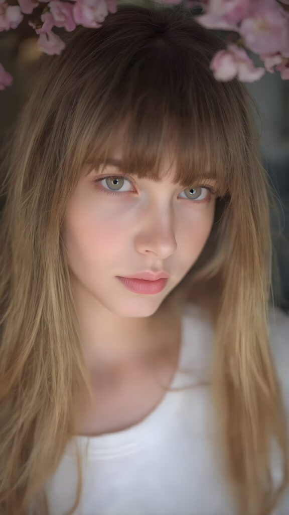((portrait)) of (((cute))) (((elegant))) ((attractive)) (((long, straight hazelnut hair))) ((stunning)) a beautifully realistic, cinematic lights, exotic teen girl, bangs cut, realistic detailed angelic round face, ((realistic detailed hazelnut eye)) looks sadly at the camera, portrait shot, perfect curved body, (wears a super short tight (white t-shirt) made on thin silk), perfect anatomy, side perspective, cherry blossom