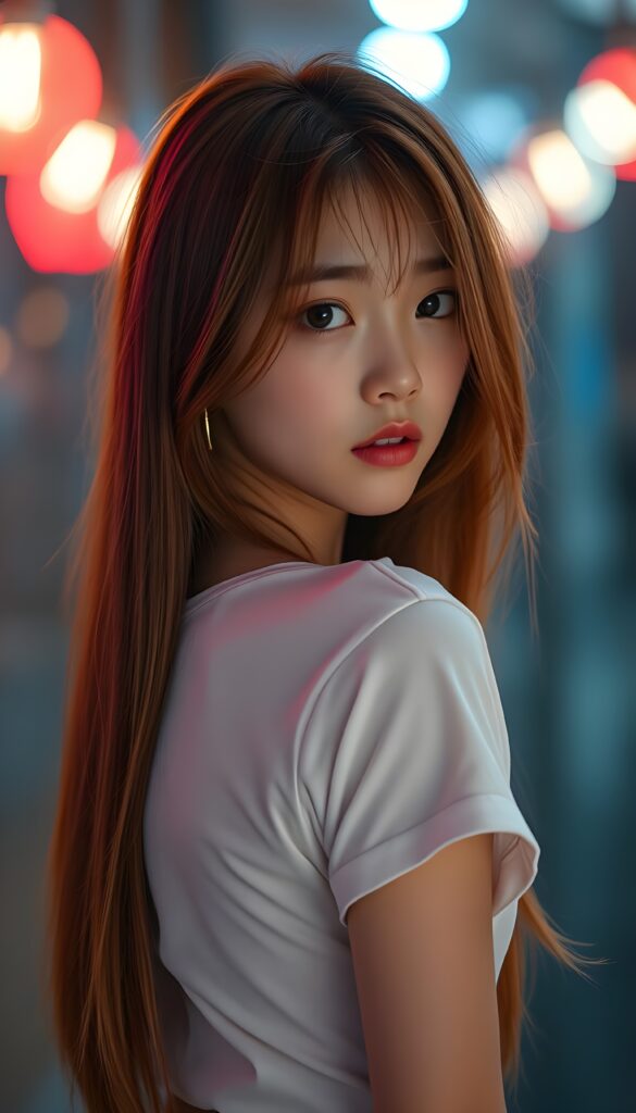 ((portrait)) of (((cute))) (((elegant))) ((attractive)) (((long, straight hair soft red hair with blond highlights))) ((stunning)) a beautifully realistic, cinematic lights, Asian teen girl, realistic detailed angelic round face, ((realistic detailed eye)) looks sadly at the camera, perfect curved body, (wears a super short tight (white t-shirt) made on thin silk), perfect anatomy, side perspective