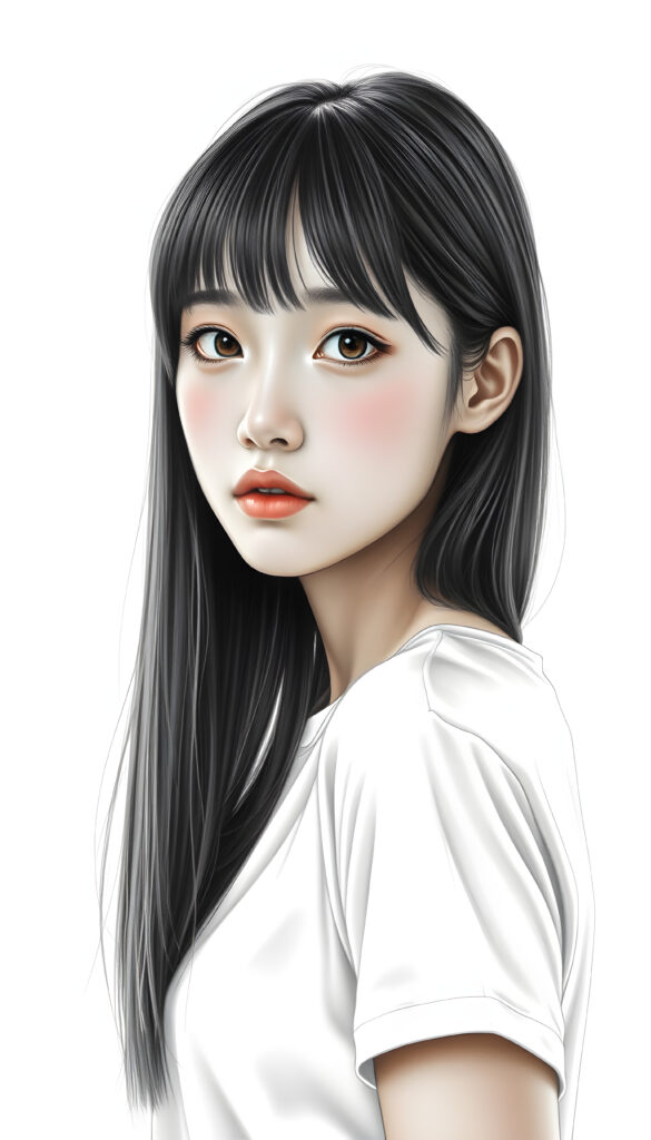 ((portrait)) of (((cute))) (((elegant))) ((attractive)) (((long, straight hair))) ((stunning)) ((pencil drawing)) a beautifully realistic, cinematic lights, Asian teen girl, bangs cut, realistic detailed angelic round face, ((realistic detailed eye)) looks sadly at the camera, portrait shot, perfect curved body, (wears a super short tight (white t-shirt) made on thin silk), perfect anatomy, white background, side perspective, ((no background))