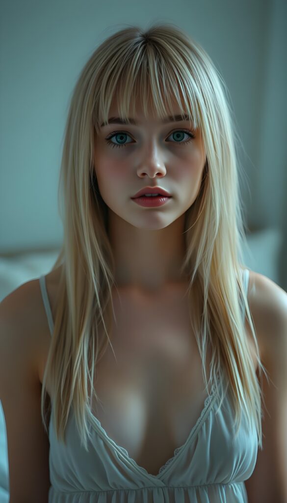((portrait)) of (((cute))) (((elegant))) ((attractive)) (((straight blond hair, same length left and right, falls down))) ((stunning)) a beautifully realistic, cinematic lights, ((teen girl)), 18 years old, getting ready for bed in a short, translucent low cut nightgown, bangs cut, realistic detailed angelic round face, looks tired at the camera, bohemian touch