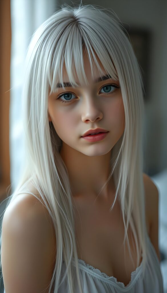 ((portrait)) of (((cute))) (((elegant))) ((attractive)) (((straight blond hair, same length left and right, falls down))) ((stunning)) a beautifully realistic, cinematic lights, ((teen girl)), 18 years old, getting ready for bed in a short, translucent low cut nightgown, bangs cut, realistic detailed angelic round face, looks tired at the camera