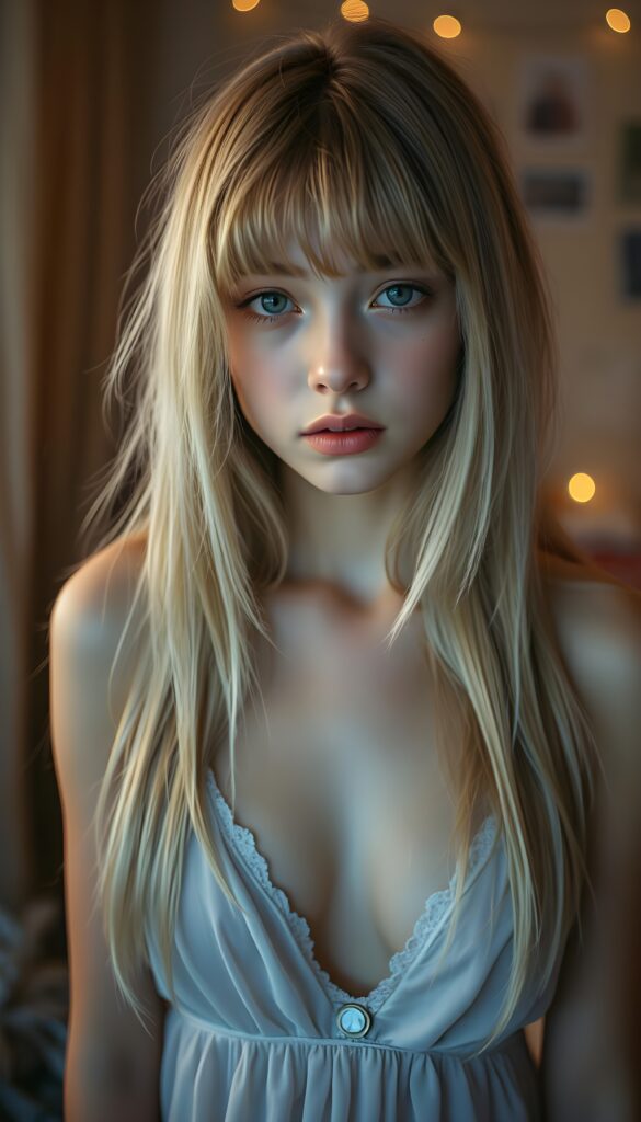 ((portrait)) of (((cute))) (((elegant))) ((attractive)) (((straight blond hair, same length left and right, falls down))) ((stunning)) a beautifully realistic, cinematic lights, ((teen girl)), 18 years old, getting ready for bed in a short, translucent low cut nightgown, bangs cut, realistic detailed angelic round face, looks tired at the camera, bohemian touch