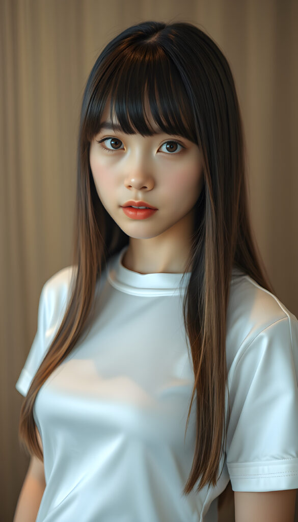 ((portrait)) of (((cute))) (((elegant))) ((attractive)) (((long, straight hair))) ((stunning)) a beautifully realistic, cinematic lights, Asian teen girl, bangs cut, realistic detailed angelic round face, ((realistic detailed eye)) looks sadly at the camera, portrait shot, perfect curved body, (wears a super short tight (white t-shirt) made on thin silk), perfect anatomy, white background, side perspective, ((no background))