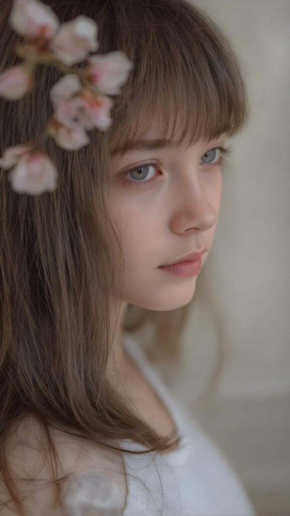 ((portrait)) of (((cute))) (((elegant))) ((attractive)) (((long, straight hazelnut hair))) ((stunning)) a beautifully realistic, cinematic lights, exotic teen girl, bangs cut, realistic detailed angelic round face, ((realistic detailed hazelnut eye)) looks sadly at the camera, portrait shot, perfect curved body, (wears a super short tight (white t-shirt) made on thin silk), perfect anatomy, side perspective, cherry blossom