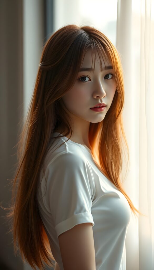 ((portrait)) of (((cute))) (((elegant))) ((attractive)) (((long, straight hair soft red hair with blond highlights))) ((stunning)) a beautifully realistic, cinematic lights, Asian teen girl, realistic detailed angelic round face, ((realistic detailed eye)) looks sadly at the camera, perfect curved body, (wears a super short tight (white t-shirt) made on thin silk), perfect anatomy, side perspective