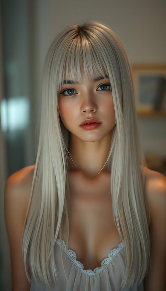 ((portrait)) of (((cute))) (((elegant))) ((attractive)) (((straight blond hair, same length left and right, falls down))) ((stunning)) a beautifully realistic, cinematic lights, ((teen girl)), 18 years old, getting ready for bed in a short, translucent low cut nightgown, bangs cut, realistic detailed angelic round face, looks tired at the camera