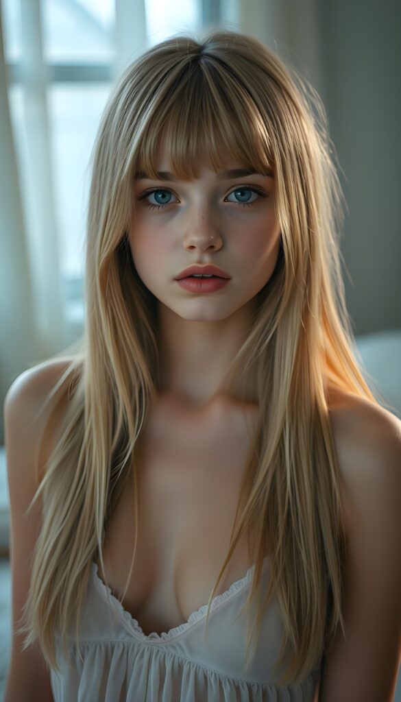 ((portrait)) of (((cute))) (((elegant))) ((attractive)) (((straight blond hair, same length left and right, falls down))) ((stunning)) a beautifully realistic, cinematic lights, ((teen girl)), 18 years old, getting ready for bed in a short, translucent low cut nightgown, bangs cut, realistic detailed angelic round face, looks tired at the camera, bohemian touch