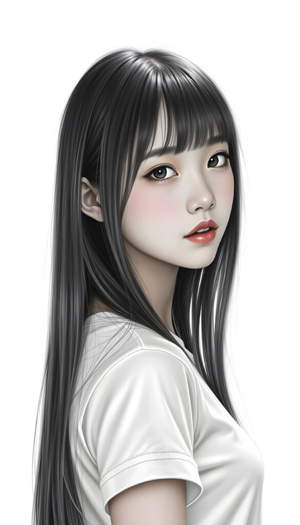 ((portrait)) of (((cute))) (((elegant))) ((attractive)) (((long, straight hair))) ((stunning)) ((pencil drawing)) a beautifully realistic, cinematic lights, Asian teen girl, bangs cut, realistic detailed angelic round face, ((realistic detailed eye)) looks sadly at the camera, portrait shot, perfect curved body, (wears a super short tight (white t-shirt) made on thin silk), perfect anatomy, white background, side perspective, ((no background))