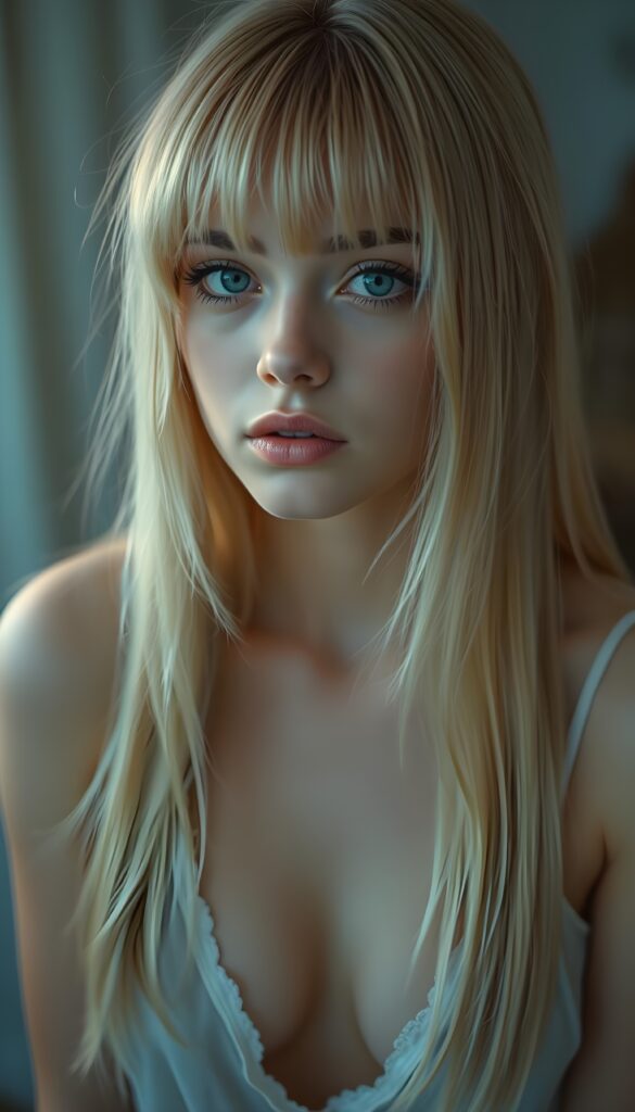 ((portrait)) of (((cute))) (((elegant))) ((attractive)) (((straight blond hair, same length left and right, falls down))) ((stunning)) a beautifully realistic, cinematic lights, ((teen girl)), 18 years old, getting ready for bed in a short, translucent low cut nightgown, bangs cut, realistic detailed angelic round face, looks tired at the camera, bohemian touch