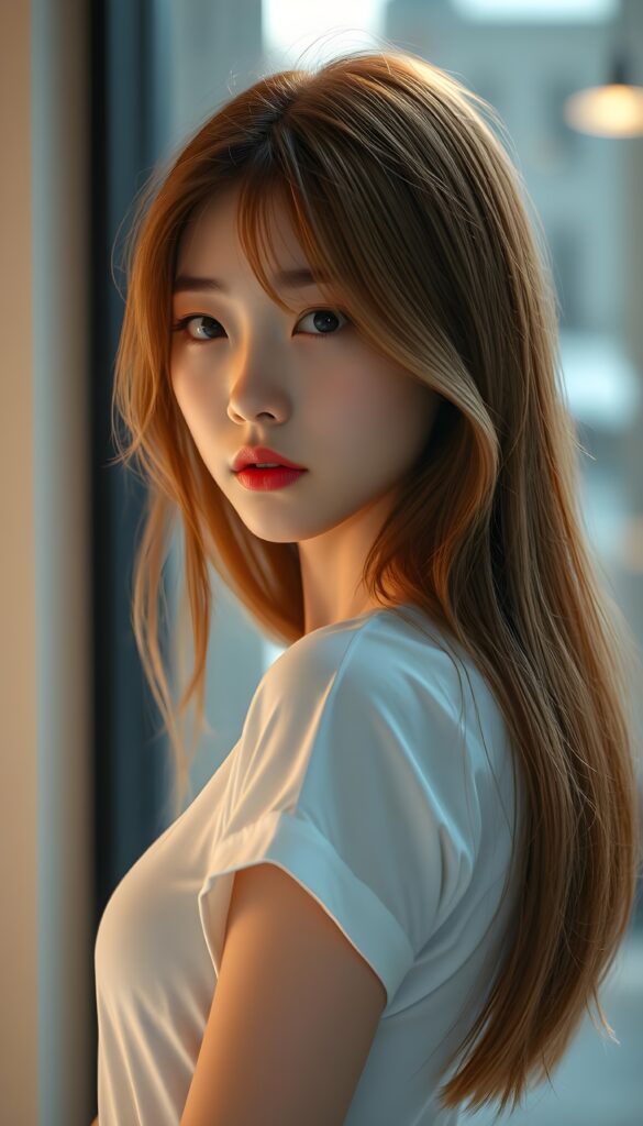 ((portrait)) of (((cute))) (((elegant))) ((attractive)) (((long, straight hair soft red hair with blond highlights))) ((stunning)) a beautifully realistic, cinematic lights, Asian teen girl, realistic detailed angelic round face, ((realistic detailed eye)) looks sadly at the camera, perfect curved body, (wears a super short tight (white t-shirt) made on thin silk), perfect anatomy, side perspective