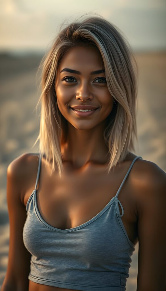 (portrait) (stunning) detailed, a beautiful young happy melanin girl, shoulder-length straight soft blonde hair, (grey cropped spaghetti top) all against a plain sandy beach, sunset.