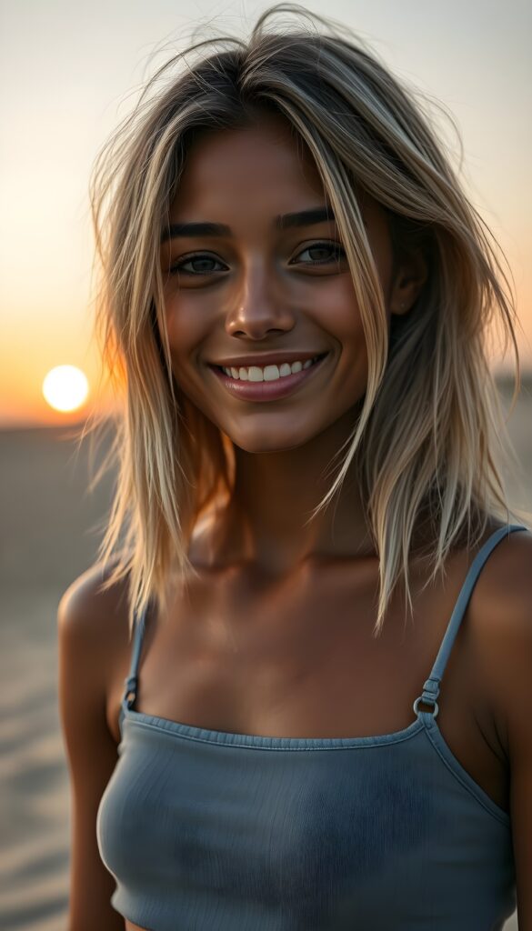 (portrait) (stunning) detailed, a beautiful young happy melanin girl, shoulder-length straight soft blonde hair, (grey cropped spaghetti top) all against a plain sandy beach, sunset.