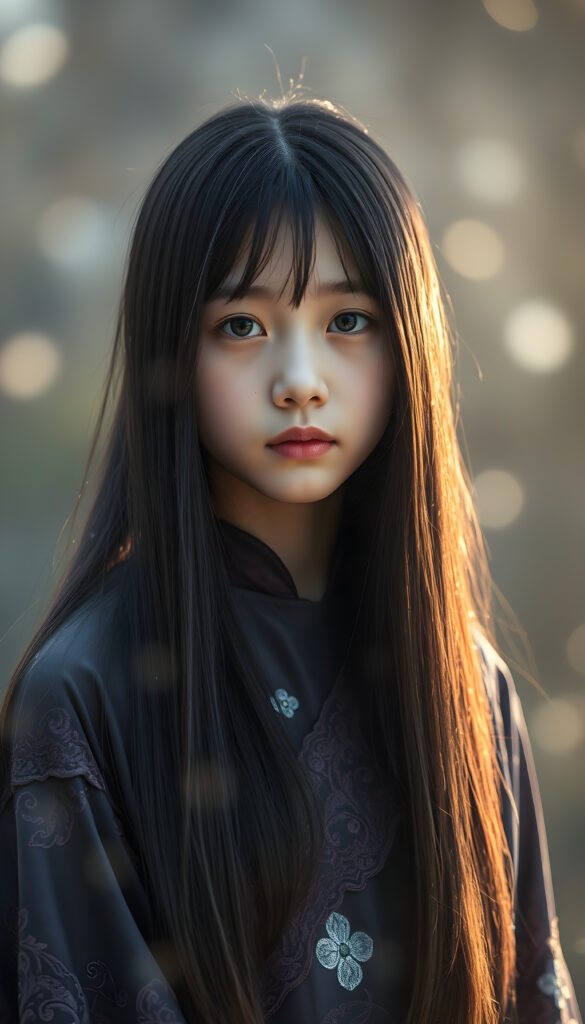portrait style artwork featuring a young korean girl with long, super straight dark hair. She has fair skin and striking blue eyes, with delicate facial features. She is wearing a richly detailed, shimmering dark-colored shimmering cloak with floral patterns, giving a medieval or fantasy appearance. The cloak has a textured silk fabric that adds depth to the image. The lighting is soft, creating a serene and ethereal atmosphere. The dress is intricately designed, lightweight, and flows like a dream, with subtle magical sparkles and glimmers. Surround her with a dreamy, divine aura, enhanced by soft, glowing magical effects, evoking a celestial and enchanting atmosphere.