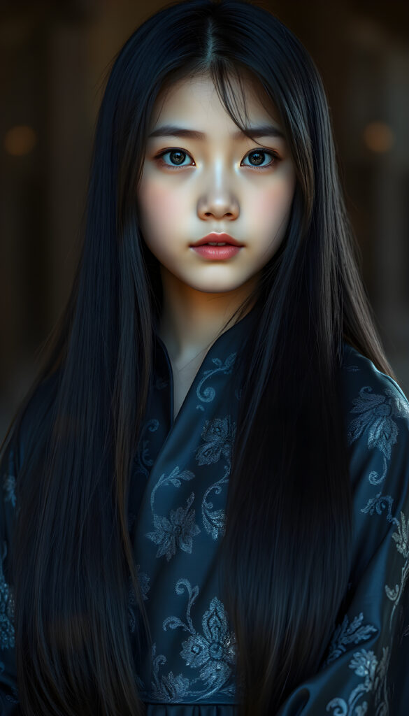 portrait style artwork featuring a young korean girl with long, super straight dark hair. She has fair skin and striking blue eyes, with delicate facial features. She is wearing a richly detailed, shimmering dark-colored shimmering cloak with floral patterns, giving a medieval or fantasy appearance. The cloak has a textured silk fabric that adds depth to the image. The lighting is soft, creating a serene and ethereal atmosphere. The dress is intricately designed, lightweight, and flows like a dream, with subtle magical sparkles and glimmers. Surround her with a dreamy, divine aura, enhanced by soft, glowing magical effects, evoking a celestial and enchanting atmosphere.