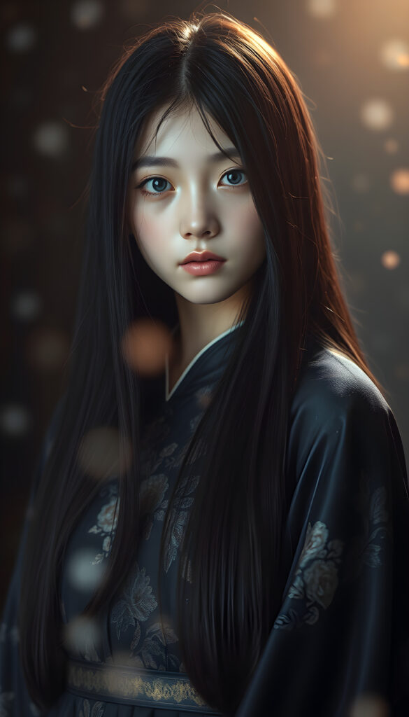 portrait style artwork featuring a young korean girl with long, super straight dark hair. She has fair skin and striking blue eyes, with delicate facial features. She is wearing a richly detailed, shimmering dark-colored shimmering cloak with floral patterns, giving a medieval or fantasy appearance. The cloak has a textured silk fabric that adds depth to the image. The lighting is soft, creating a serene and ethereal atmosphere. The dress is intricately designed, lightweight, and flows like a dream, with subtle magical sparkles and glimmers. Surround her with a dreamy, divine aura, enhanced by soft, glowing magical effects, evoking a celestial and enchanting atmosphere.