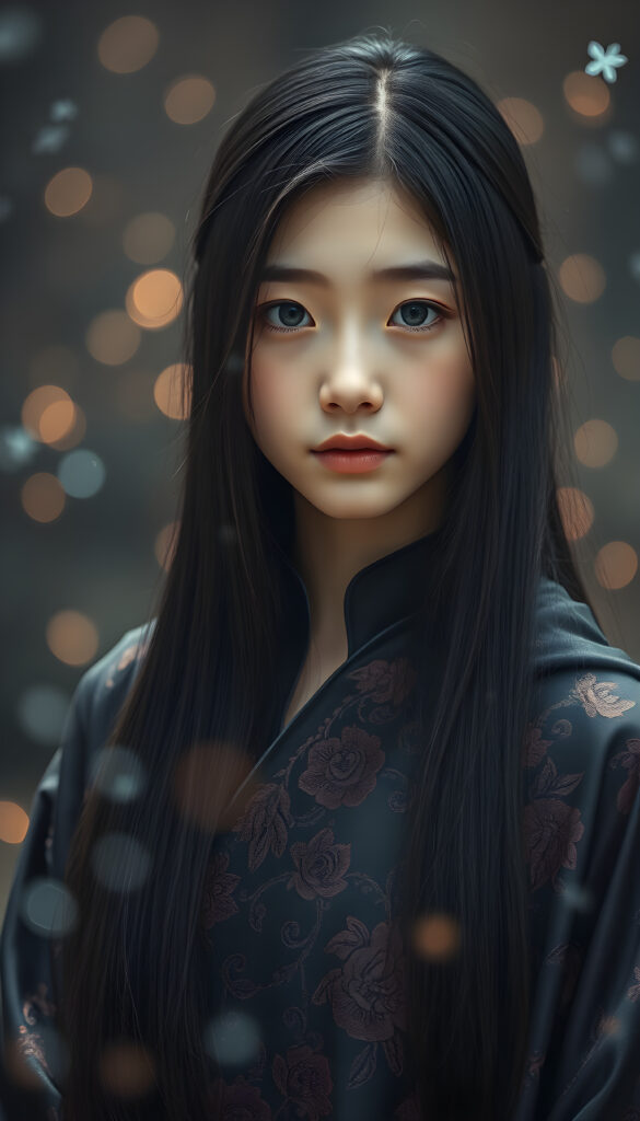 portrait style artwork featuring a young korean girl with long, super straight dark hair. She has fair skin and striking blue eyes, with delicate facial features. She is wearing a richly detailed, shimmering dark-colored shimmering cloak with floral patterns, giving a medieval or fantasy appearance. The cloak has a textured silk fabric that adds depth to the image. The lighting is soft, creating a serene and ethereal atmosphere. The dress is intricately designed, lightweight, and flows like a dream, with subtle magical sparkles and glimmers. Surround her with a dreamy, divine aura, enhanced by soft, glowing magical effects, evoking a celestial and enchanting atmosphere.