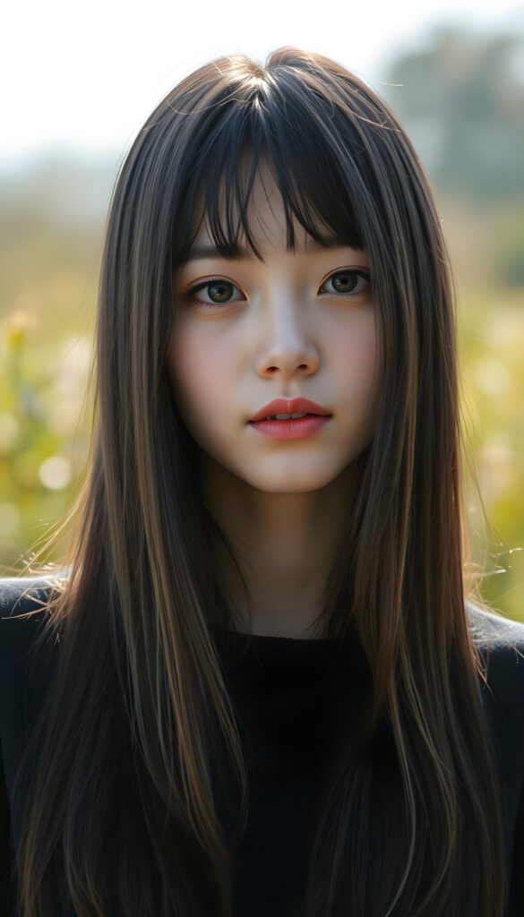 realistic 3D portrait from a young Korean teen girl, long, straight black hair with brown streaks falls down to her upper body, bangs frame her round head, cute full lips, round amber eyes, all against a sunny green backdrop outdoor