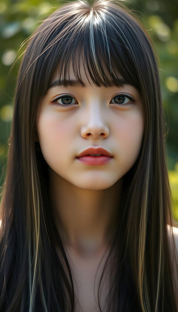 realistic 3D portrait from a young teen girl, long, straight black hair with blonde streaks falls down to her upper body, bangs frame her round head, cute full lips, all against a sunny green backdrop outdoor
