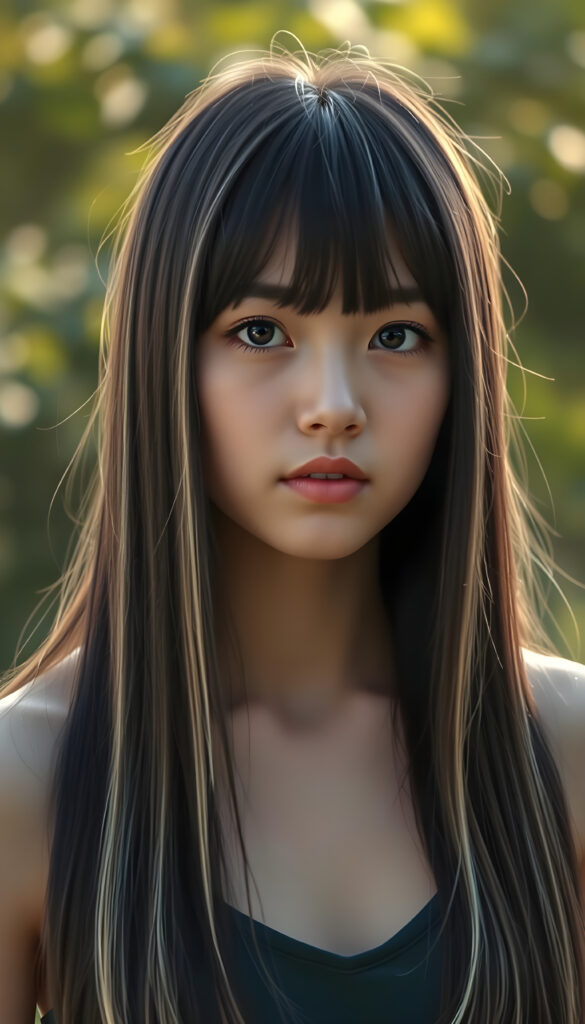 realistic 3D portrait from a young teen girl, long, straight black hair with blonde streaks falls down to her upper body, bangs frame her round head, cute full lips, all against a sunny green backdrop outdoor