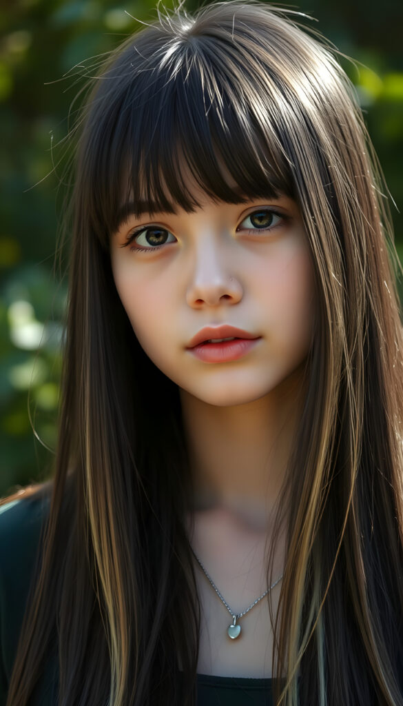 realistic 3D portrait from a young teen girl, long, straight black hair with blonde streaks falls down to her upper body, bangs frame her round head, cute full lips, all against a sunny green backdrop outdoor