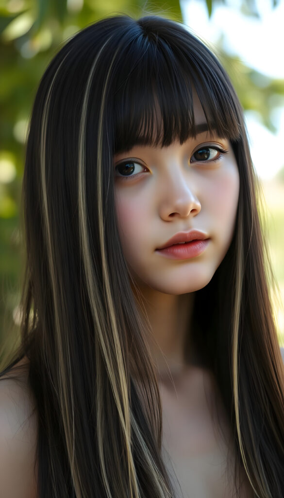 realistic 3D portrait from a young teen girl, long, straight black hair with blonde streaks falls down to her upper body, bangs frame her round head, cute full lips, all against a sunny green backdrop outdoor