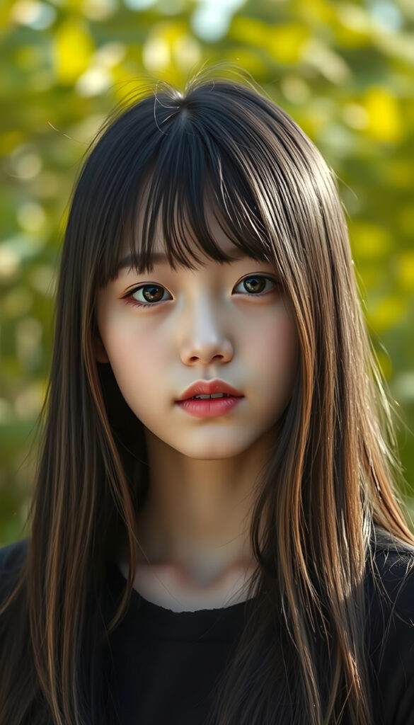 realistic 3D portrait from a young Korean teen girl, long, straight black hair with brown streaks falls down to her upper body, bangs frame her round head, cute full lips, round amber eyes, all against a sunny green backdrop outdoor