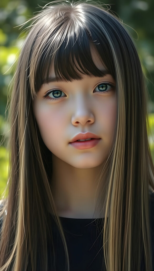 realistic 3D portrait from a young teen girl, long, straight black hair with blonde streaks falls down to her upper body, bangs frame her round head, cute full lips, all against a sunny green backdrop outdoor