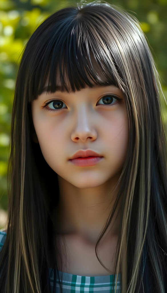 realistic 3D portrait from a young teen girl, long, straight black hair with blonde streaks falls down to her upper body, bangs frame her round head, cute full lips, all against a sunny green backdrop outdoor