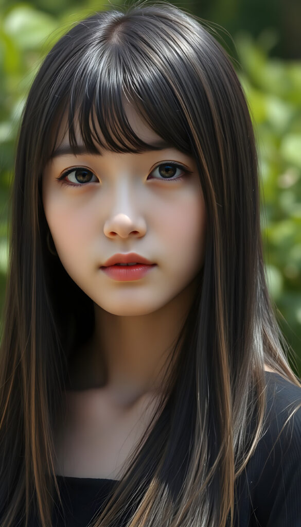 realistic 3D portrait from a young Korean teen girl, long, straight black hair with brown streaks falls down to her upper body, bangs frame her round head, cute full lips, round amber eyes, all against a sunny green backdrop outdoor