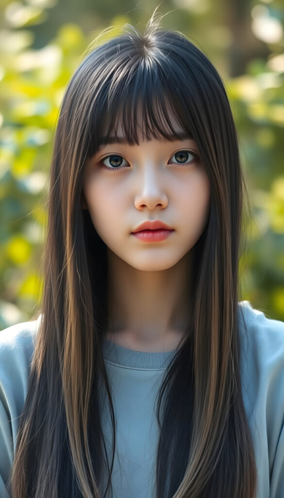 realistic 3D portrait from a young Korean teen girl, long, straight black hair with brown streaks falls down to her upper body, bangs frame her round head, cute full lips, round amber eyes, all against a sunny green backdrop outdoor