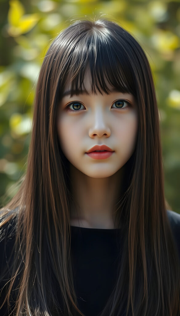 realistic 3D portrait from a young Korean teen girl, long, straight black hair with brown streaks falls down to her upper body, bangs frame her round head, cute full lips, round amber eyes, all against a sunny green backdrop outdoor