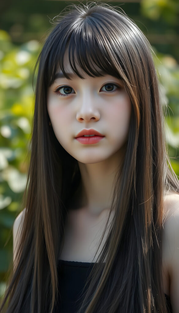 realistic 3D portrait from a young Korean teen girl, long, straight black hair with brown streaks falls down to her upper body, bangs frame her round head, cute full lips, round amber eyes, all against a sunny green backdrop outdoor
