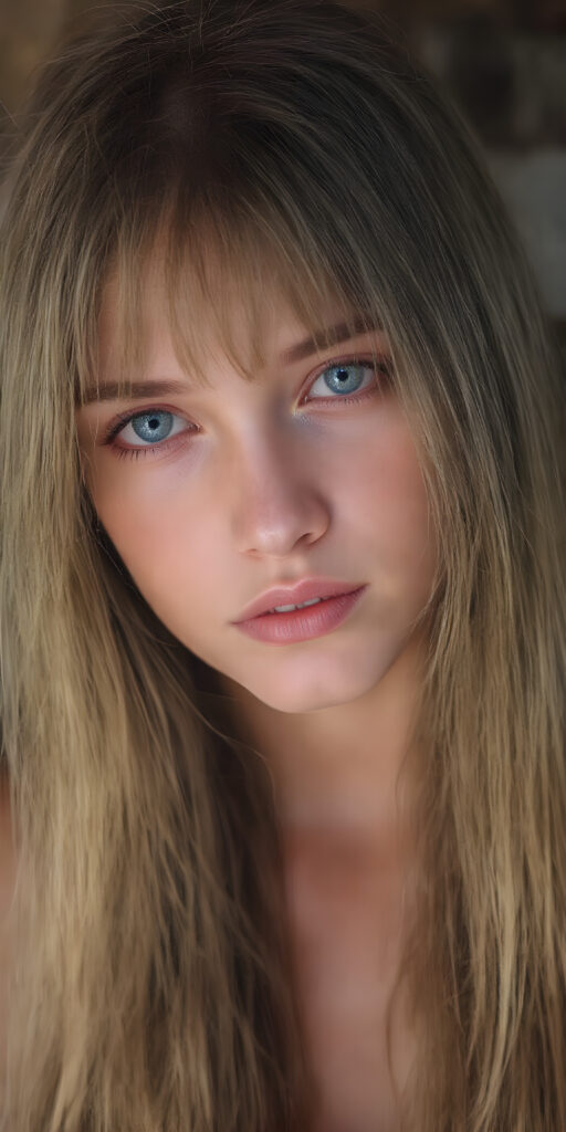 (realistic and detailed photo), (full body shot) a young, gentle adult busty teen girl with very long, soft straight brown hair, her full hair falls over the upper body and cover her body, round face. She has blue eyes and gentle features. Her young, perfect body radiates pure femininity and she looks seductively into the camera, wide angle