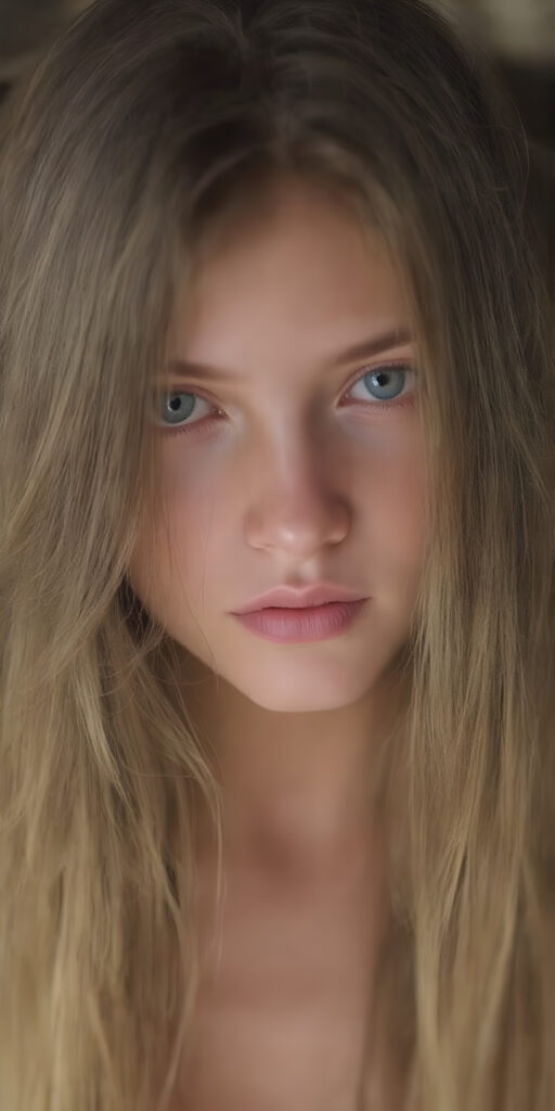 (realistic and detailed photo), (full body shot) a young, gentle adult busty teen girl with very long, soft straight brown hair, her full hair falls over the upper body and cover her body, round face. She has blue eyes and gentle features. Her young, perfect body radiates pure femininity and she looks seductively into the camera, wide angle