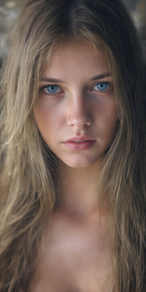 (realistic and detailed photo), (full body shot) a young, gentle adult busty teen girl with very long, soft straight brown hair, her full hair falls over the upper body and cover her body, round face. She has blue eyes and gentle features. Her young, perfect body radiates pure femininity and she looks seductively into the camera, wide angle