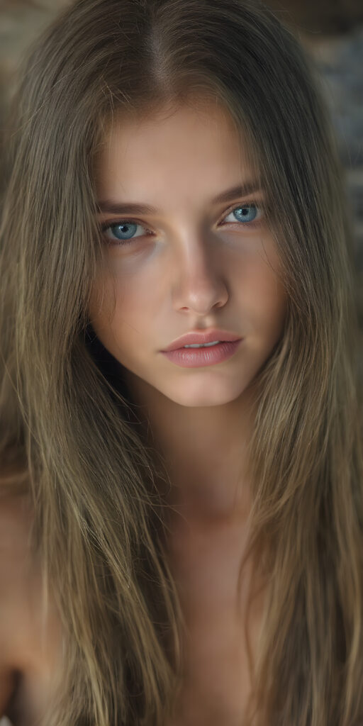 (realistic and detailed photo), (full body shot) a young, gentle adult busty teen girl with very long, soft straight brown hair, her full hair falls over the upper body and cover her body, round face. She has blue eyes and gentle features. Her young, perfect body radiates pure femininity and she looks seductively into the camera, wide angle