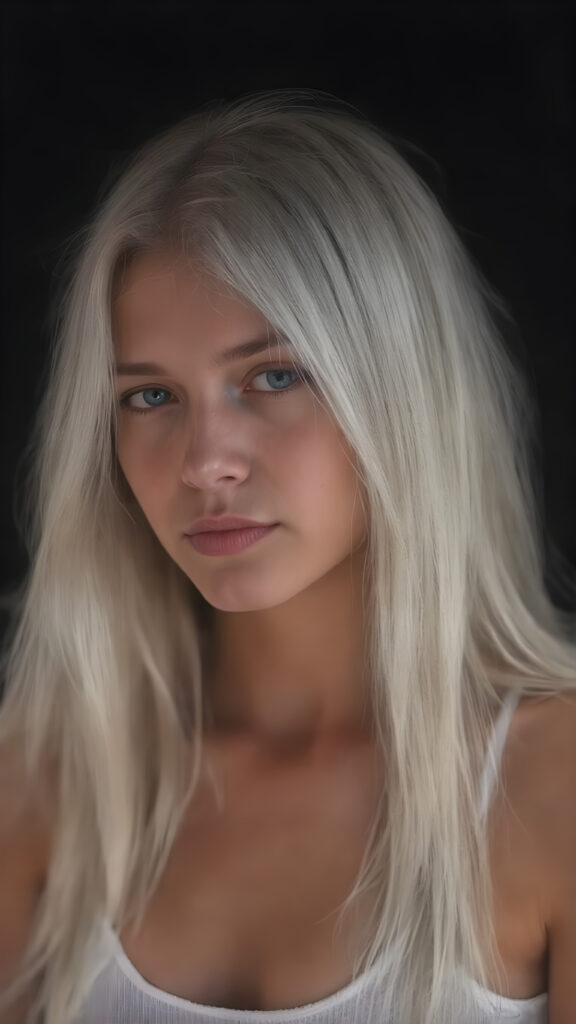 realistic and detailed portrait of a young, pretty 18 years old teen girl with long straight jet white hair, black background, weak light illuminates the girl a little, side view, wears a thin cropped white tank top made of wool, perfect body